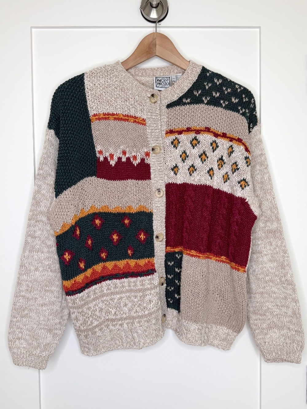 Vintage Patchwork Knit Cardigan Sweater Multicolour Cozy Grandpa by Russ Sport L